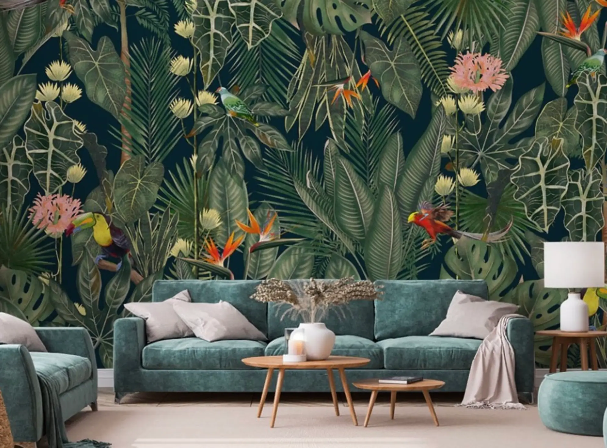 Green velvet sofa against tropical botanical wallpaper
